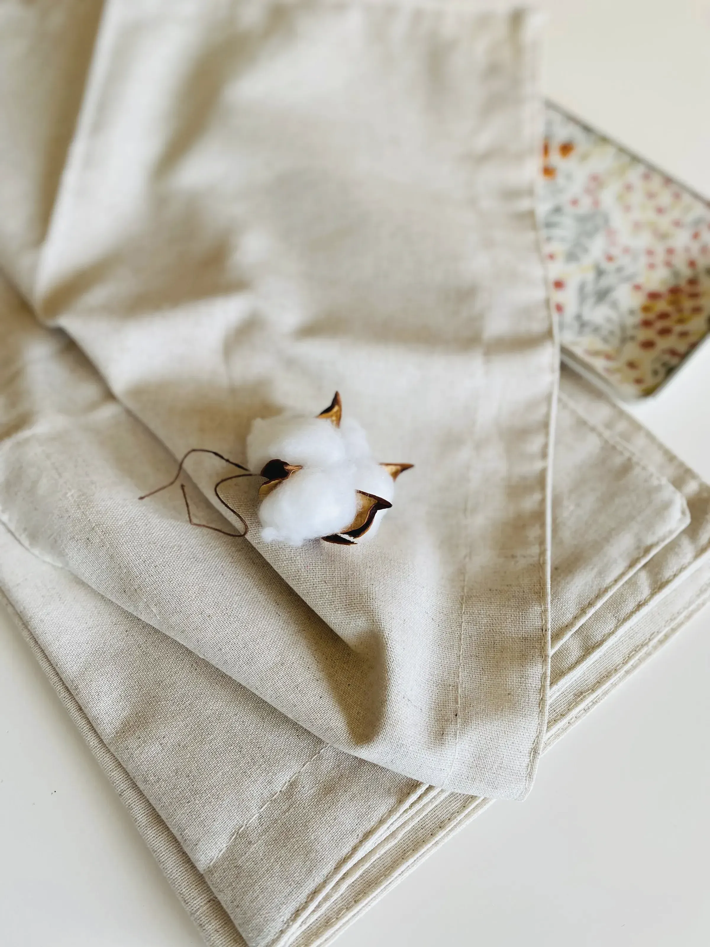 A cotton boll resting on unbleached cotton cloth