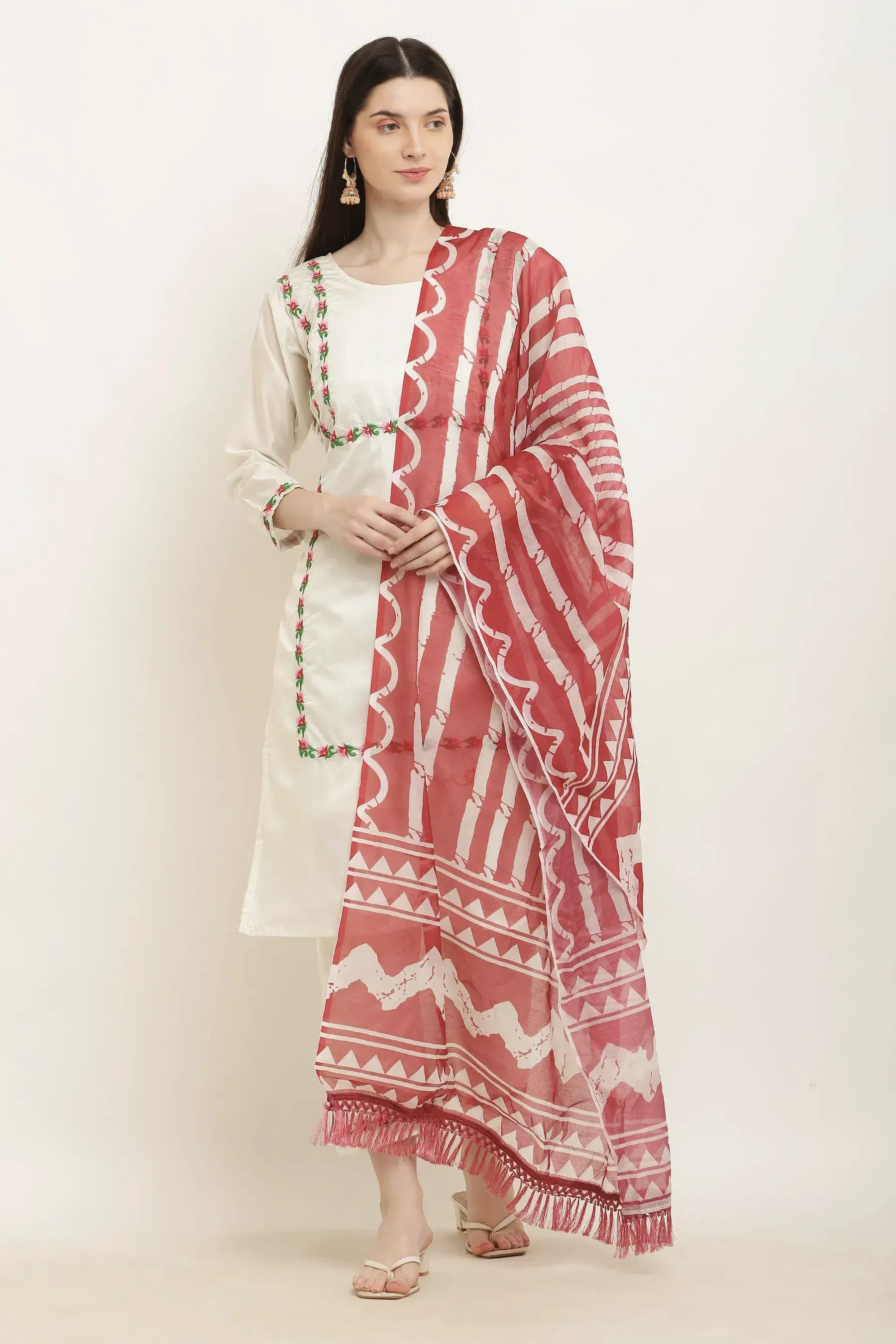 Ivory Mulmul Kurta Set, Madder Dupatta